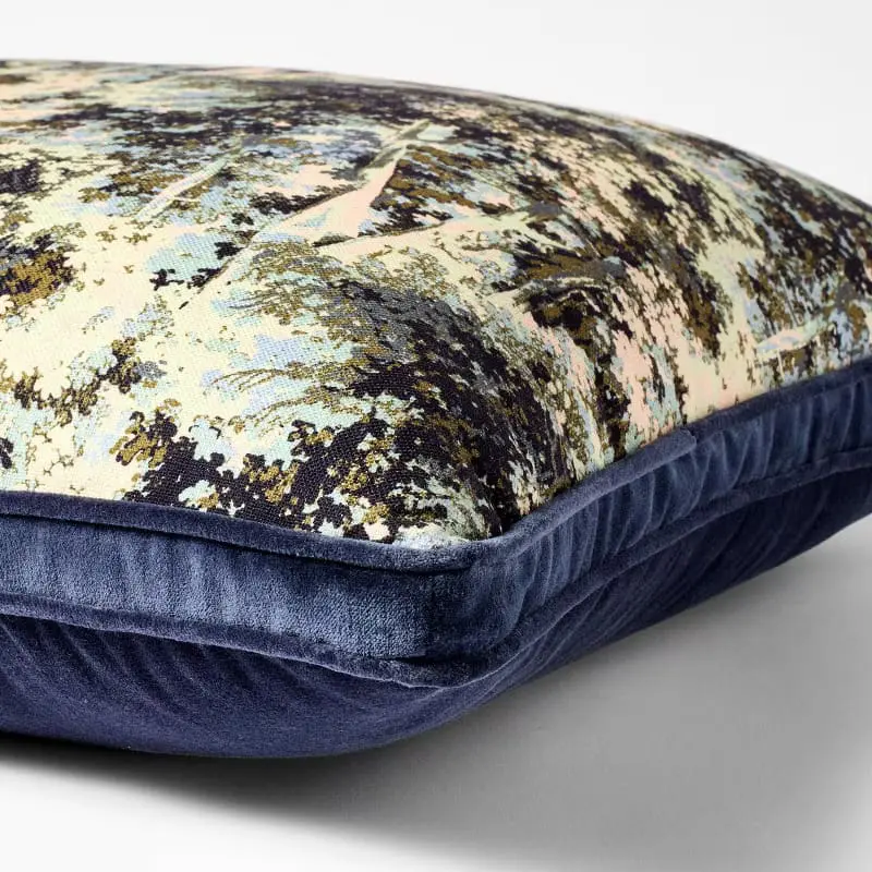 navy velvet trim throw pillow with abstract print, layered accent for cozy fall bedding