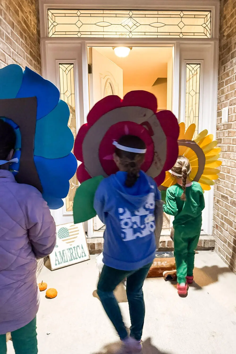 Kids wearing oversized DIY flower costumes walk up to a front porch for Halloween trick-or-treating at night.