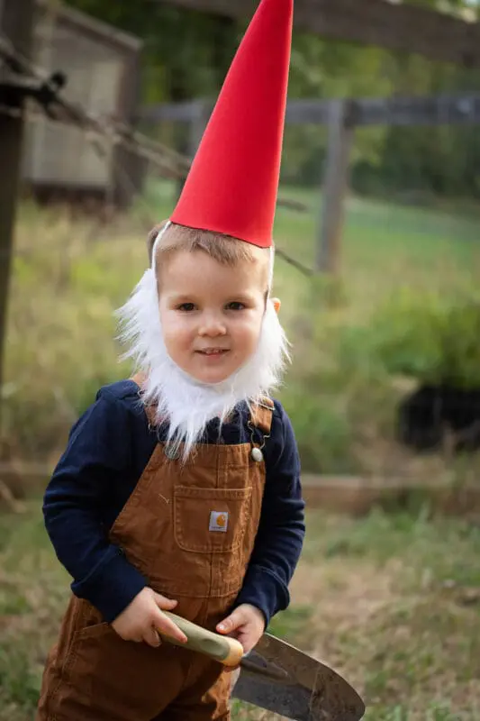 Toddler in a DIY garden gnome costume—red hat, white beard, brown overalls.