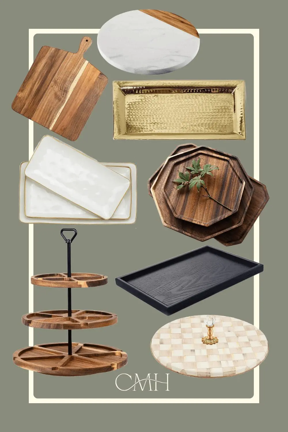 Collage of charcuterie boards and trays for hosting: acacia paddle board, round marble and wood board, hammered brass tray, white ceramic platters, nested octagon walnut boards, black rectangular serving tray, three-tier wood stand, and a round woven board with a vintage glass handle.