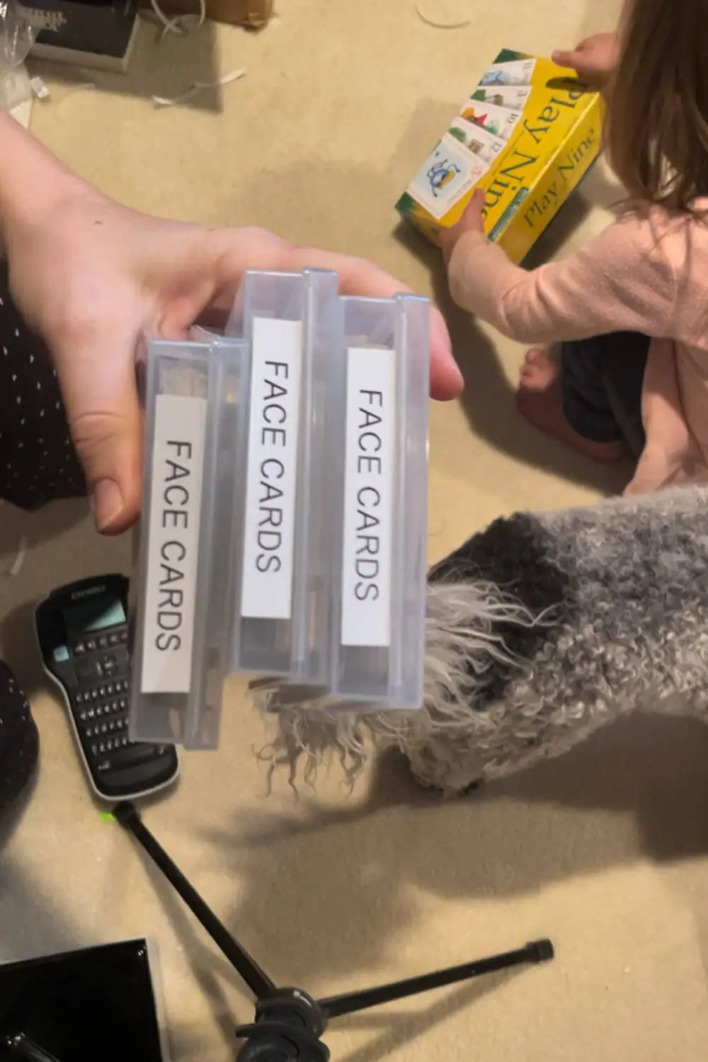 Labeled, stackable plastic cases for face cards, using a label maker to keep card games neat, uniform, and easy to find.