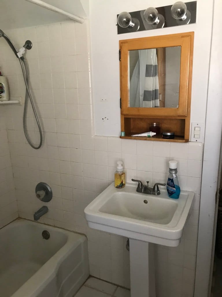 Bathroom sink and shower and mirror