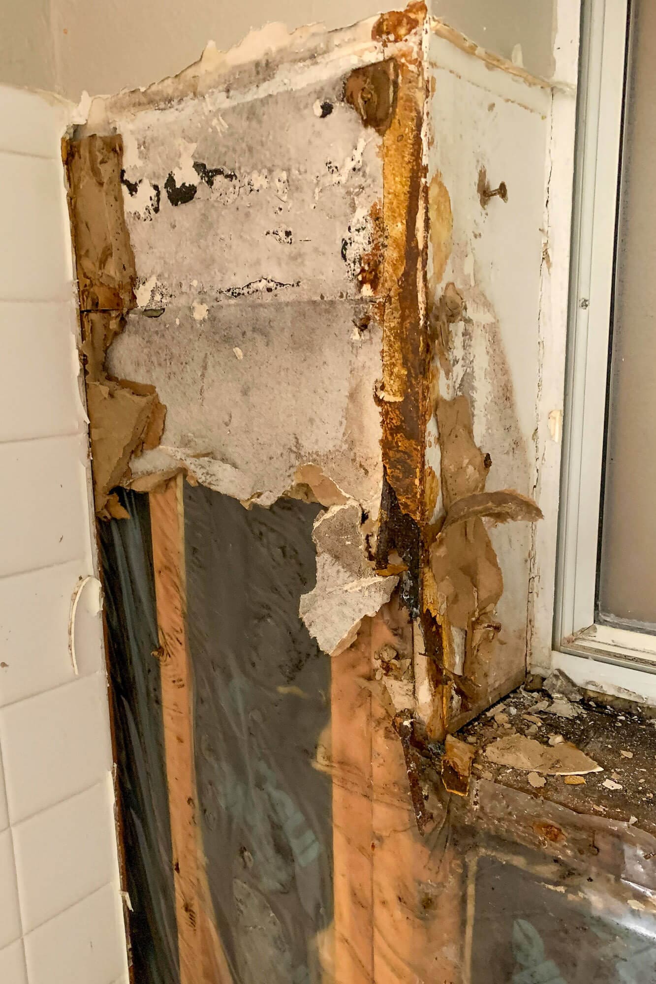 Shower corner showing wet drywall, rust, and water damage