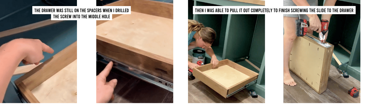 A drawer being slid into a cabinet