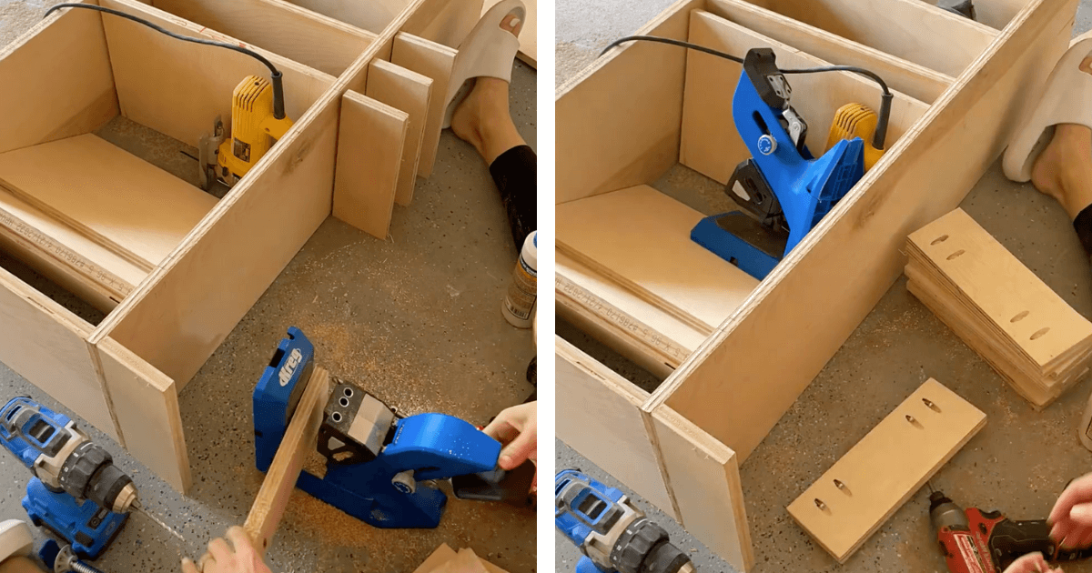 A Kreg jig being used to drill pocket holes into wood