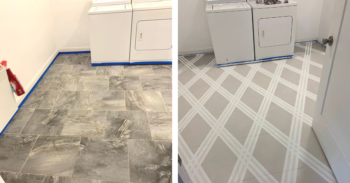 Before and after picture of painted tile floor