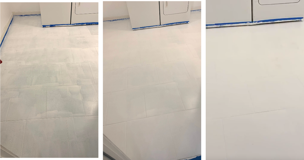 White painted laundry tile floor