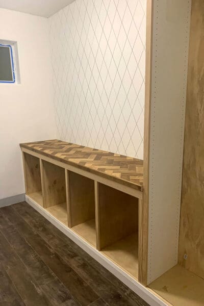 butler's pantry cubby cabinet and tall cabinet with face frame and baseboard before paint