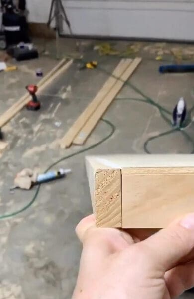 end view of a shelf showing the 1x2 face board and plywood top