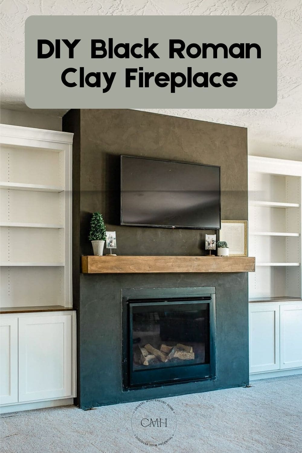 DIY black Roman Clay fireplace with wood beam mantel - pin for later