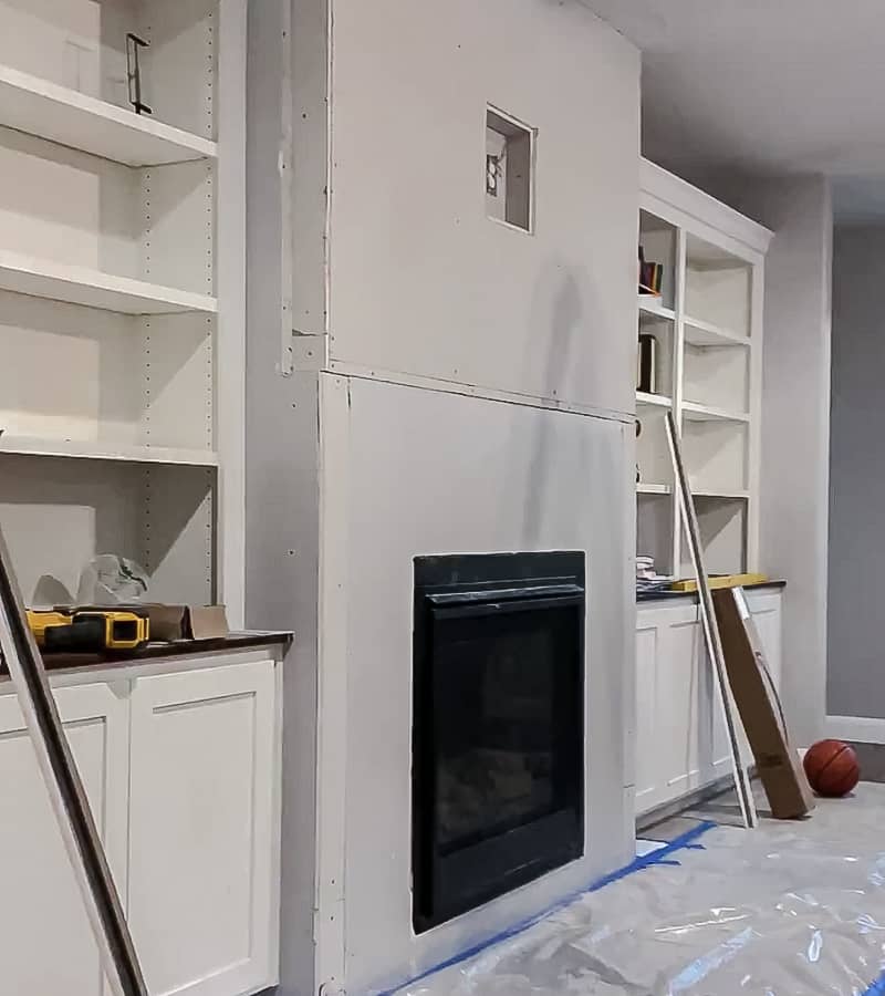 fireplace and shelves