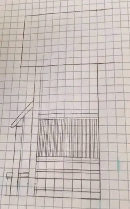 Hand-drawn front porch plans sketched on graph paper, showing the porch elevation, columns, and railing.