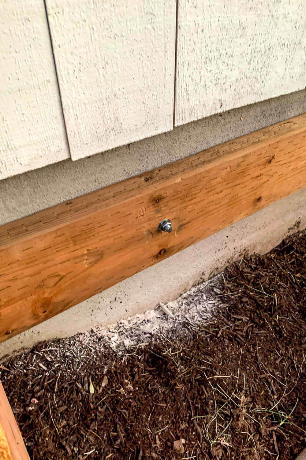 Close-up of the ledger board secured to the concrete foundation with a masonry anchor poking through.