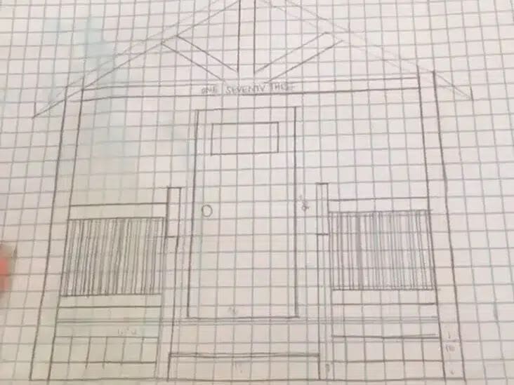 Graph-paper sketch of the wooden front porch design, including the gable and house front.