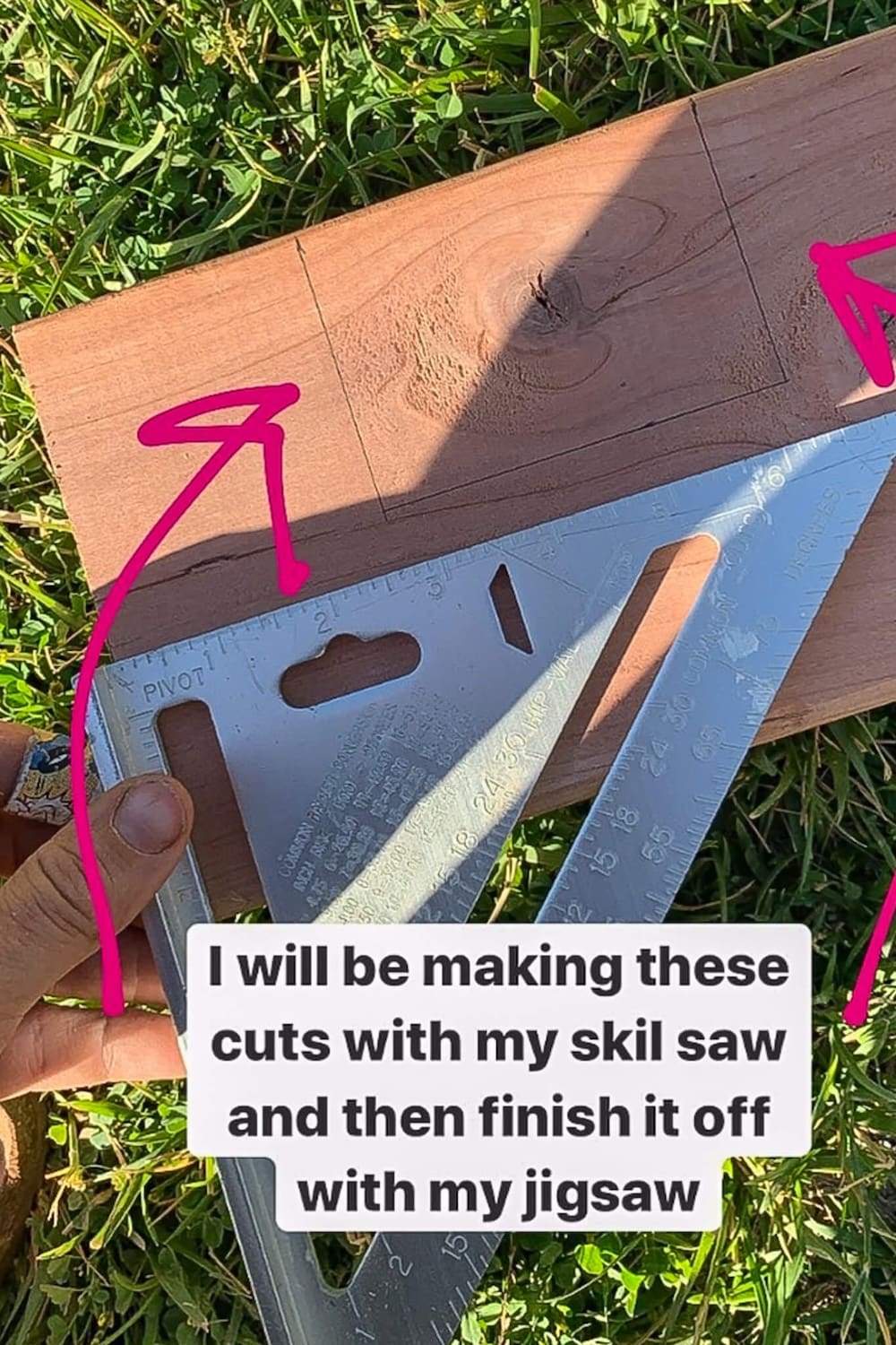 Redwood trim board marked with cut lines and a speed square before cutting the notch.