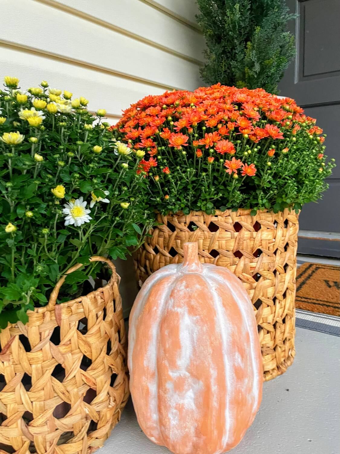 Close-up of faux clay-look pumpkin styled with fall mums in a woven basket.