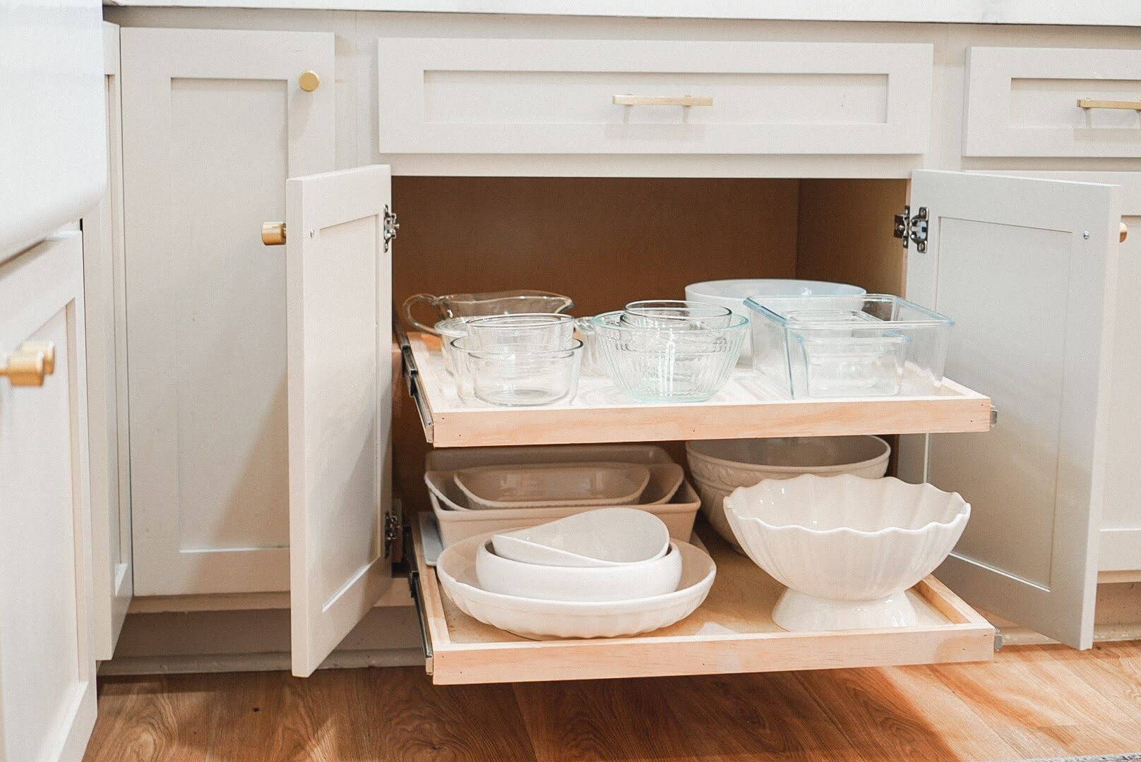DIY pull-out kitchen shelving.