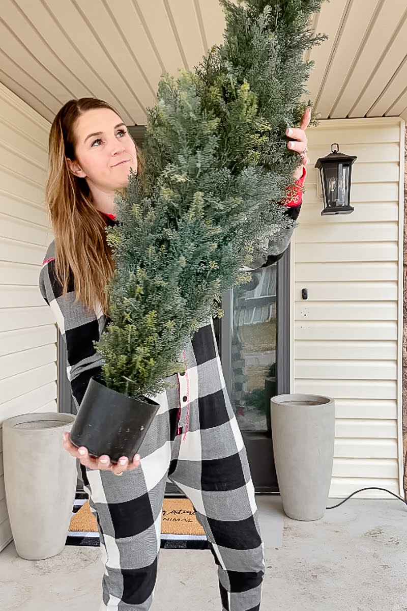 Lady Holding Faux Cedar Topiary Plant