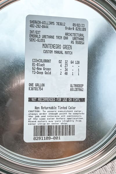 Paint formula label for Montenegro Green—custom color used on DIY Murphy bed built-ins