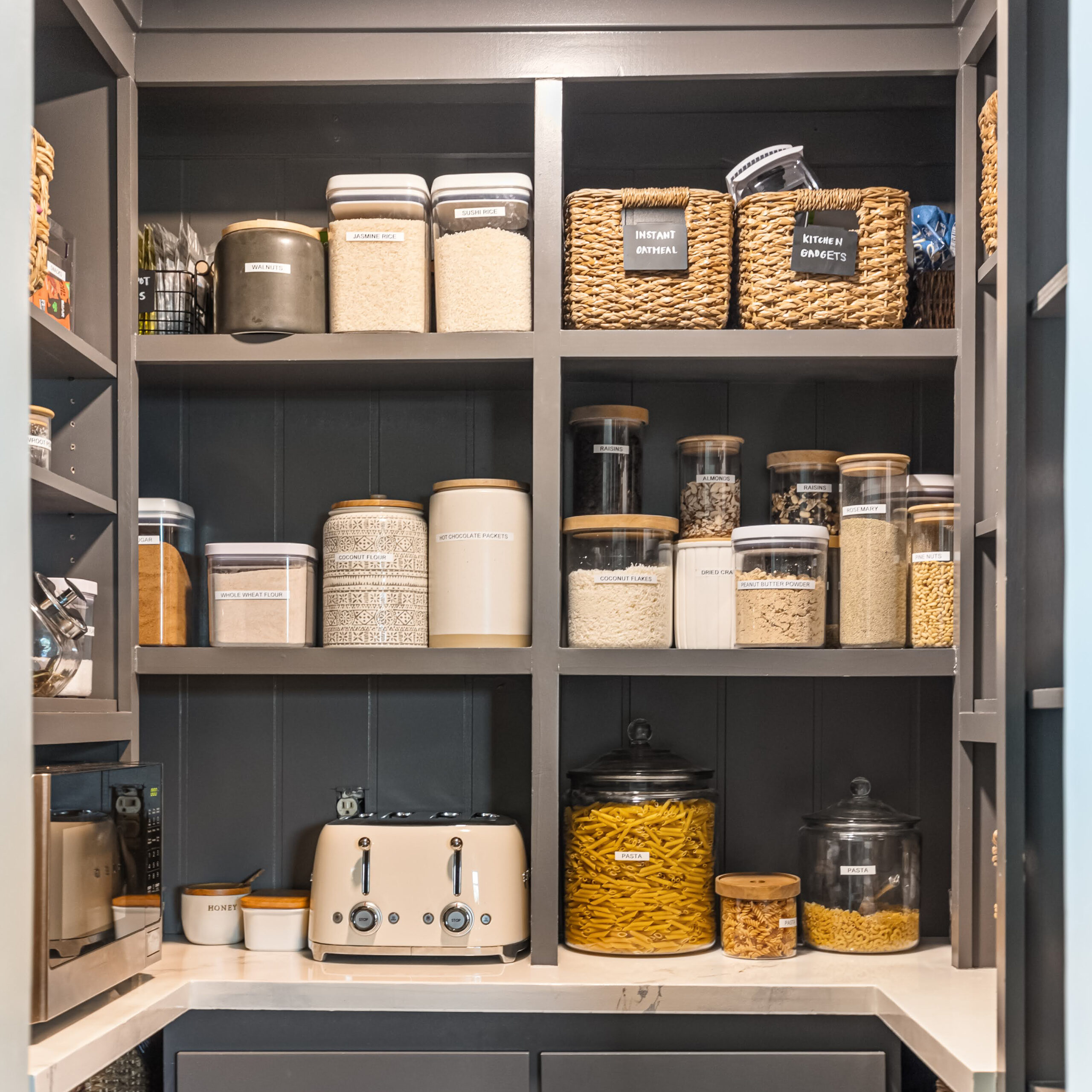 Beautiful and organized DIY pantry shelves.