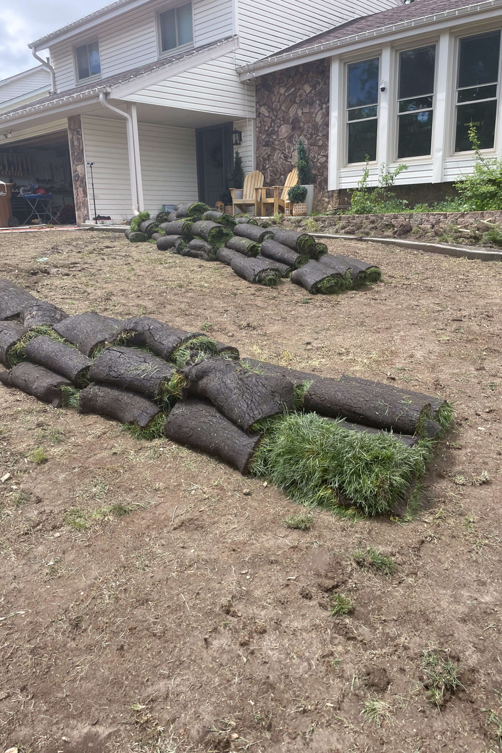 Piles of rolls of sod all over the yard.