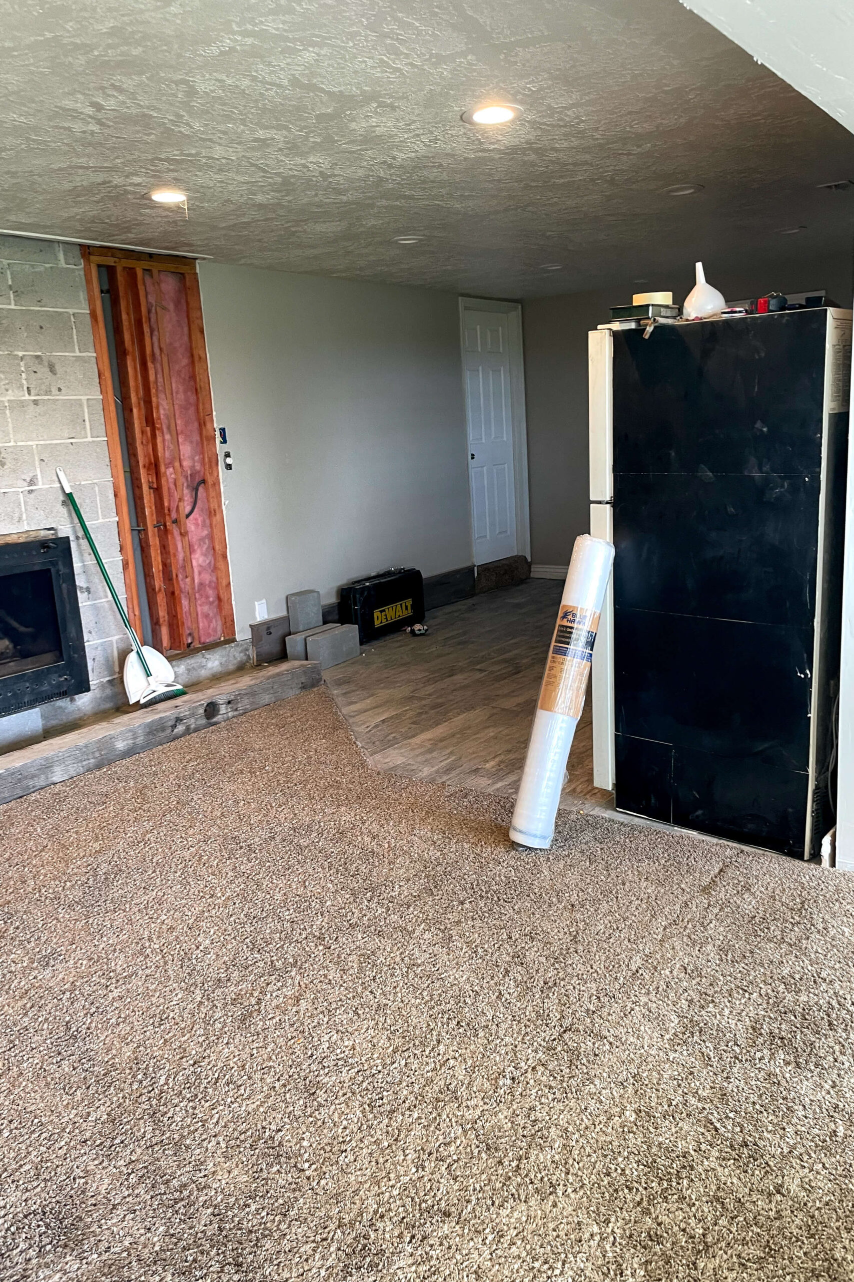 Before picture of carpet and tile in a kitchen.