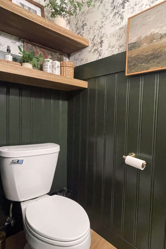 A finished and painted beadboard bathroom wall.