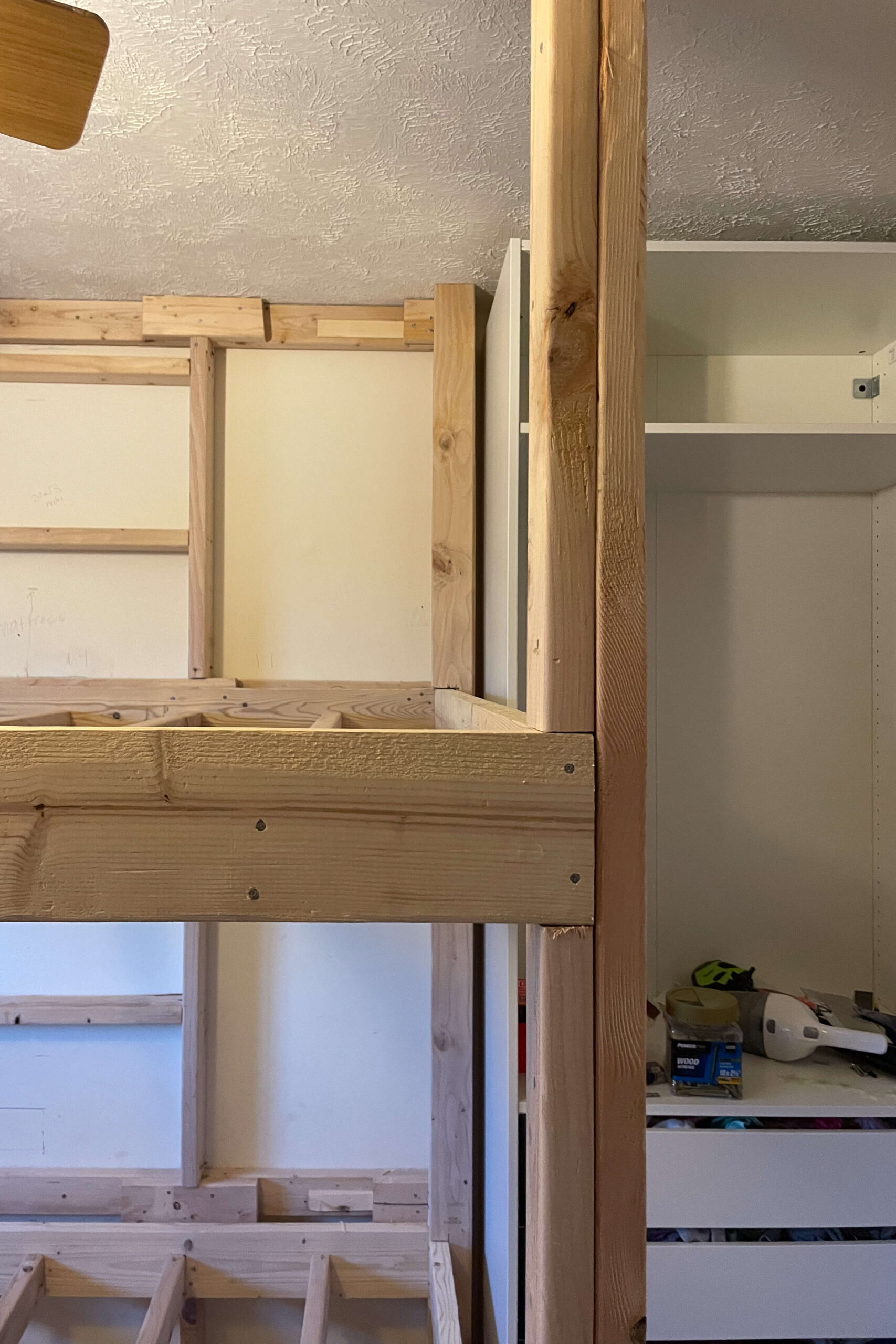 Up close picture of framing on DIY Bunk Beds.