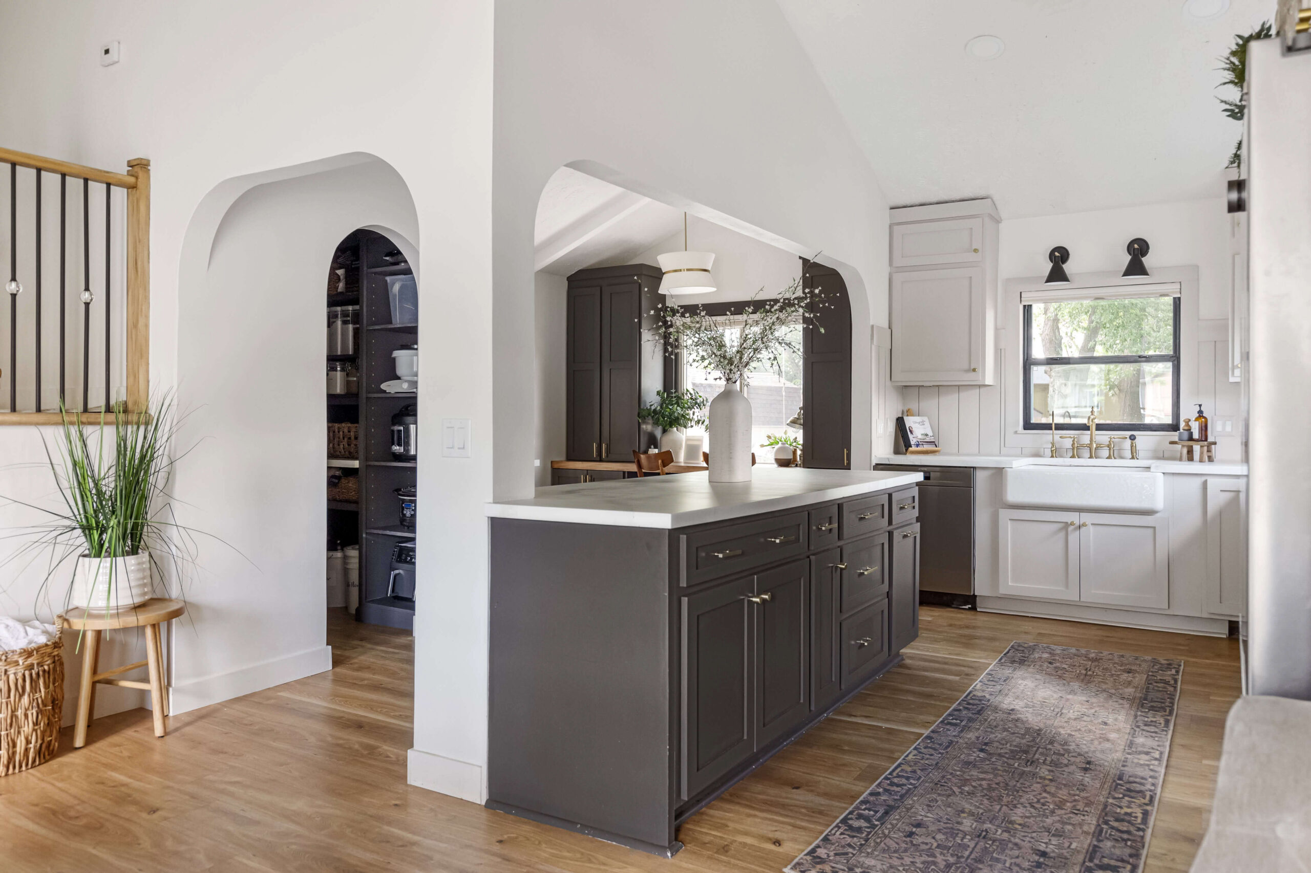 My kitchen after we finished our DIY remodel using unfinished kitchen cabinets.