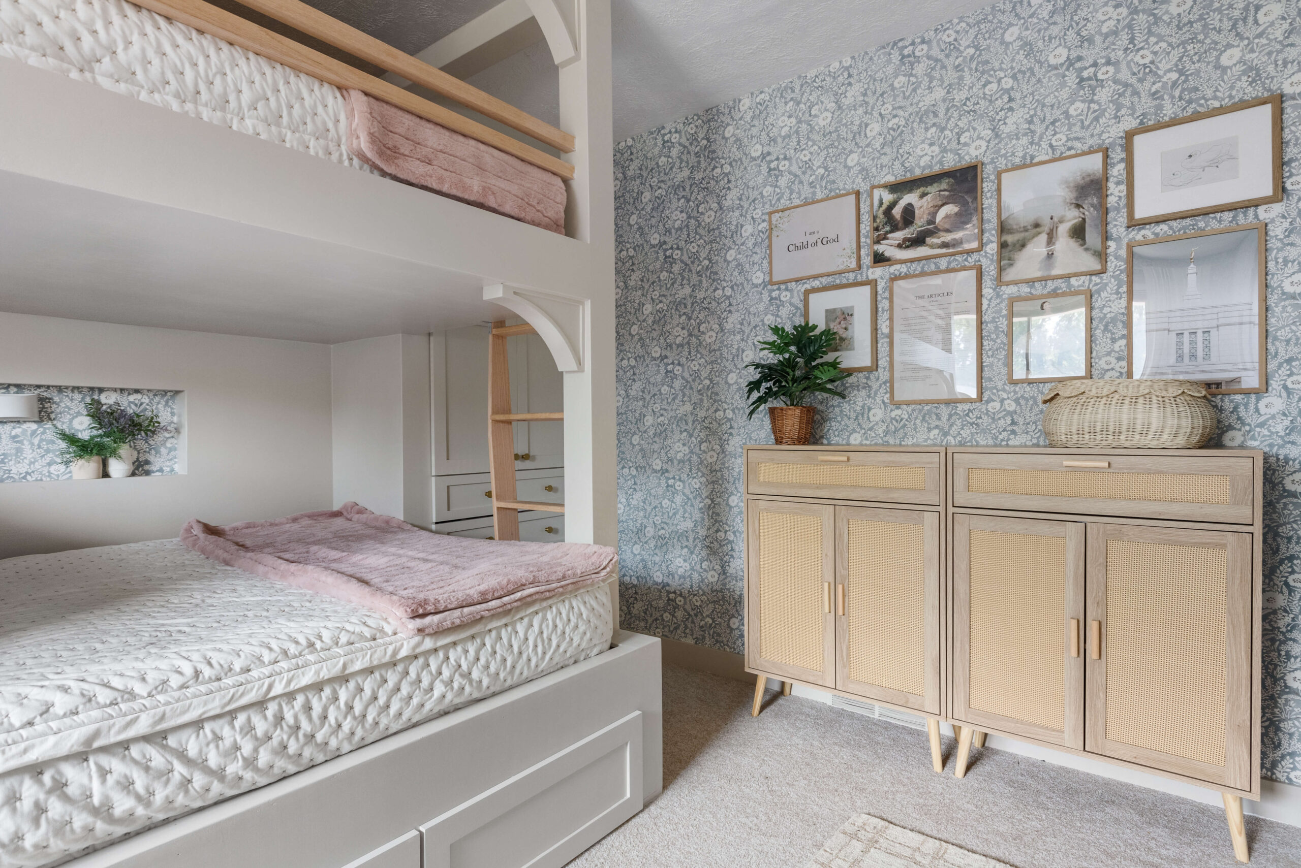 Gorgeous, custom built bunk beds as part of a complete little girls' room makeover.