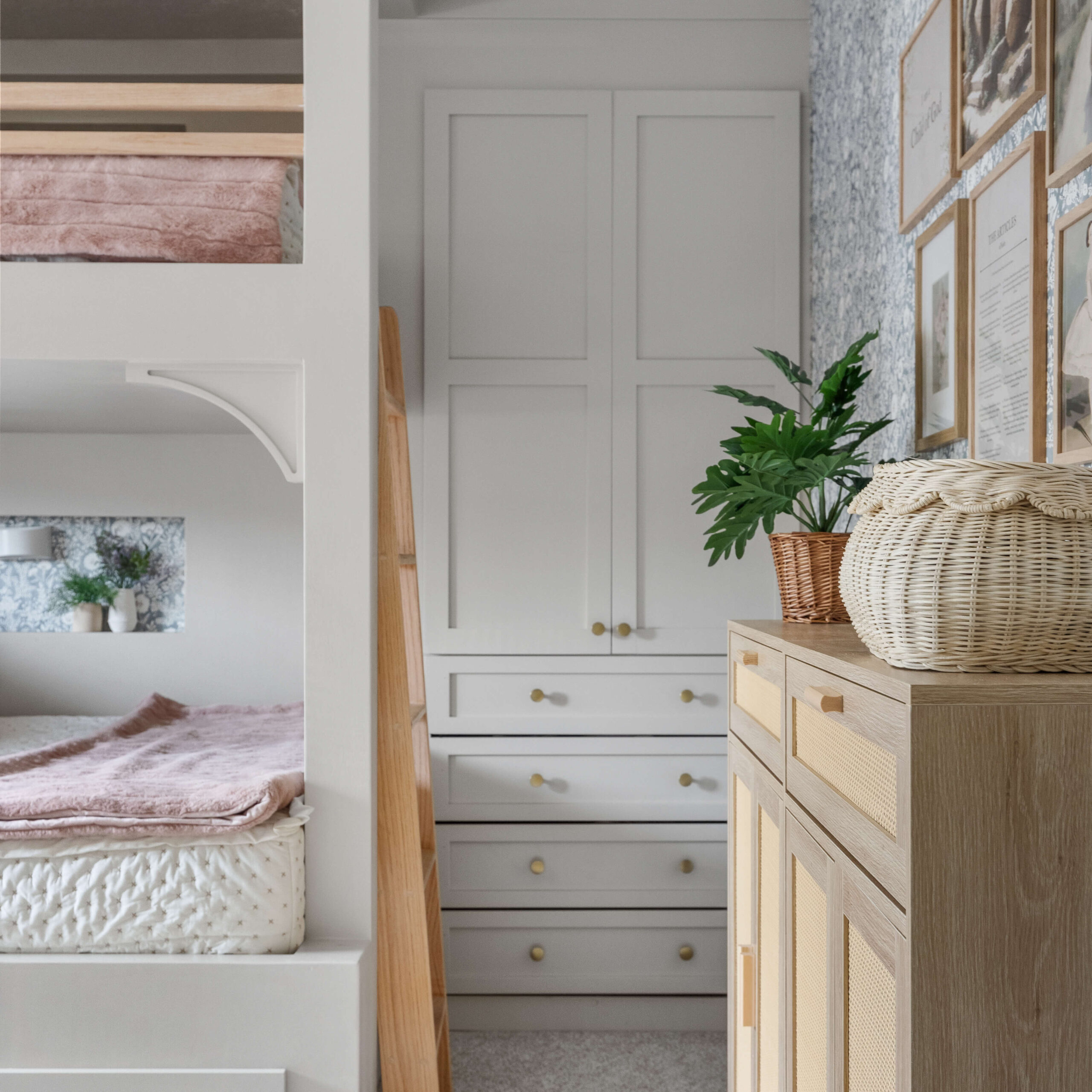 Gorgeous girls' bunk beds with built-in storage.