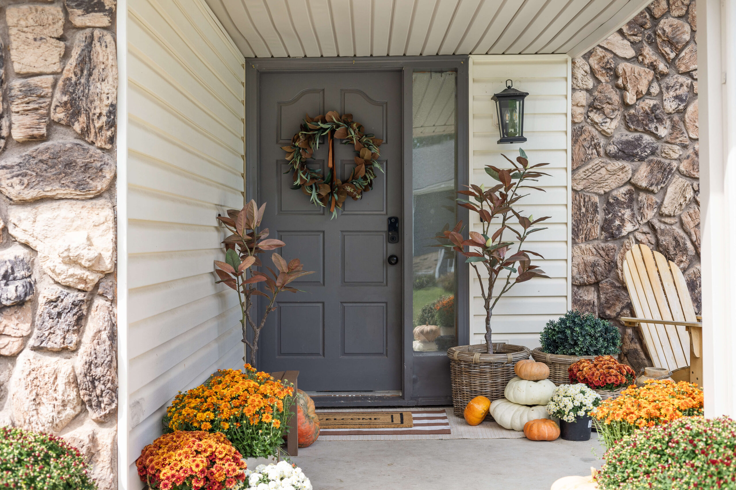 My 2024 fall front porch with lots of mums and pumpkins.