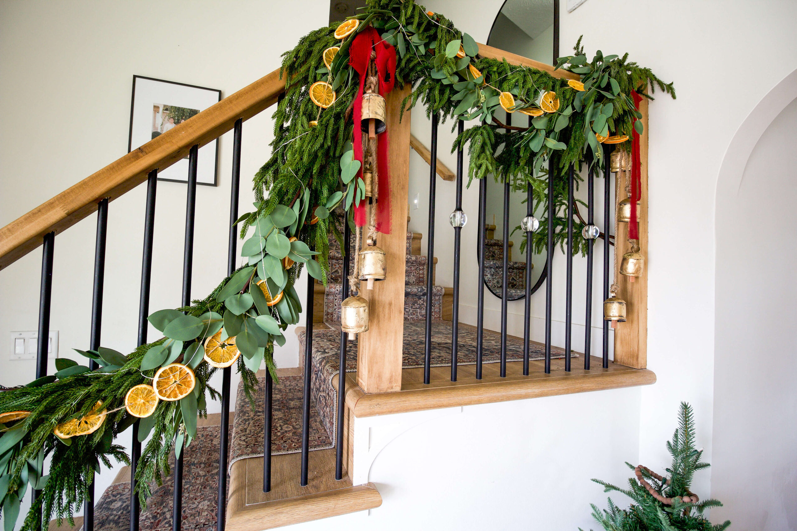 Christmas garland on a staircase.