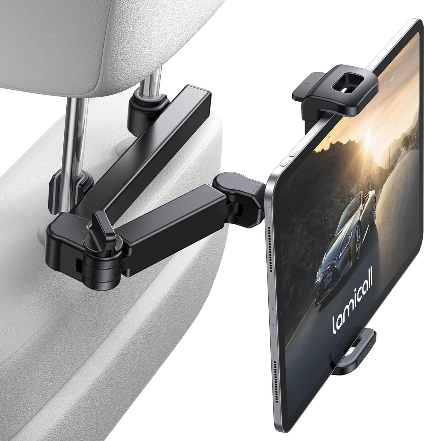 Adjustable iPad car mount attached to the back of a headrest, displaying a cartoon movie for kids to watch during long drives.