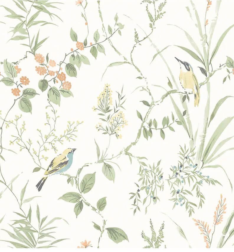 Close-up of the botanical bird print design on a traditional wallpaper pattern