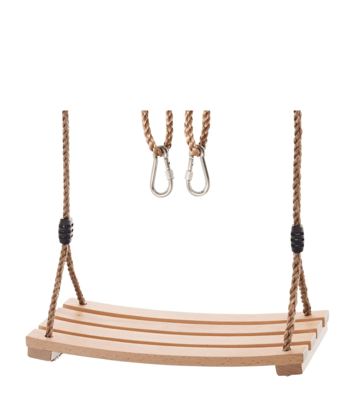 Close-up of wooden swing seat with curved slats, heavy-duty rope, and metal carabiners for secure hanging.