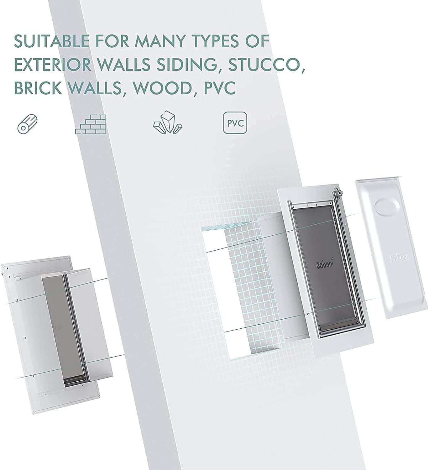 Diagram of wall-mounted dog door with exploded view showing layers for installation in wood, brick, PVC, and other materials.