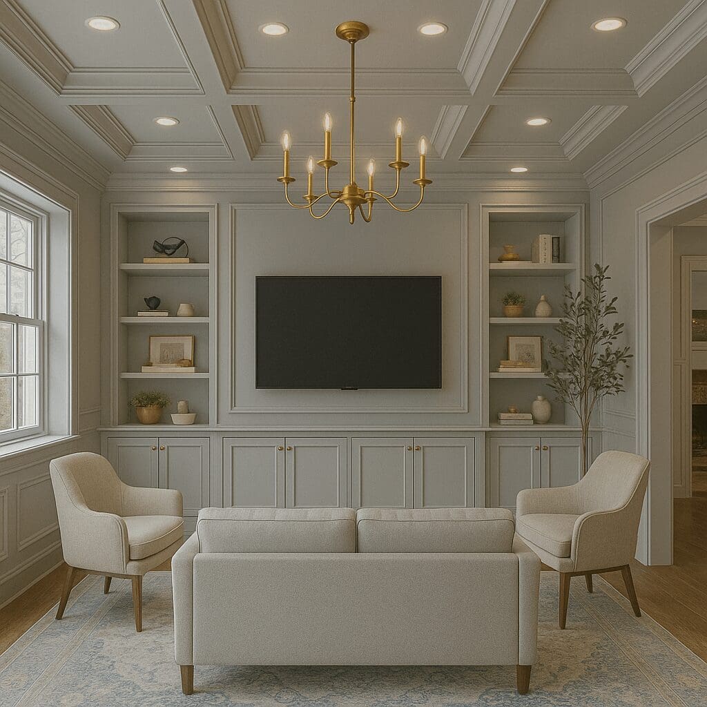 Using ChatGPT for interior design with an elegant living room with blue-gray built-in cabinets, flat-screen TV, beige sofa, modern armchairs, gold chandelier, coffered ceiling, and built-in shelves styled with decor.