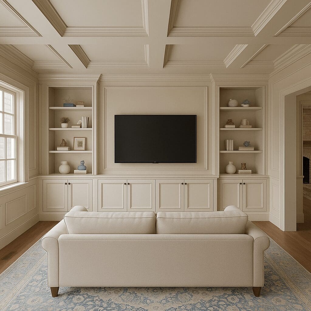 Rendering from ChatGPT showing the interior design of a living room with coffered ceiling, cream built-in cabinets, flat-screen TV, beige sofa, and blue patterned area rug on hardwood floors.