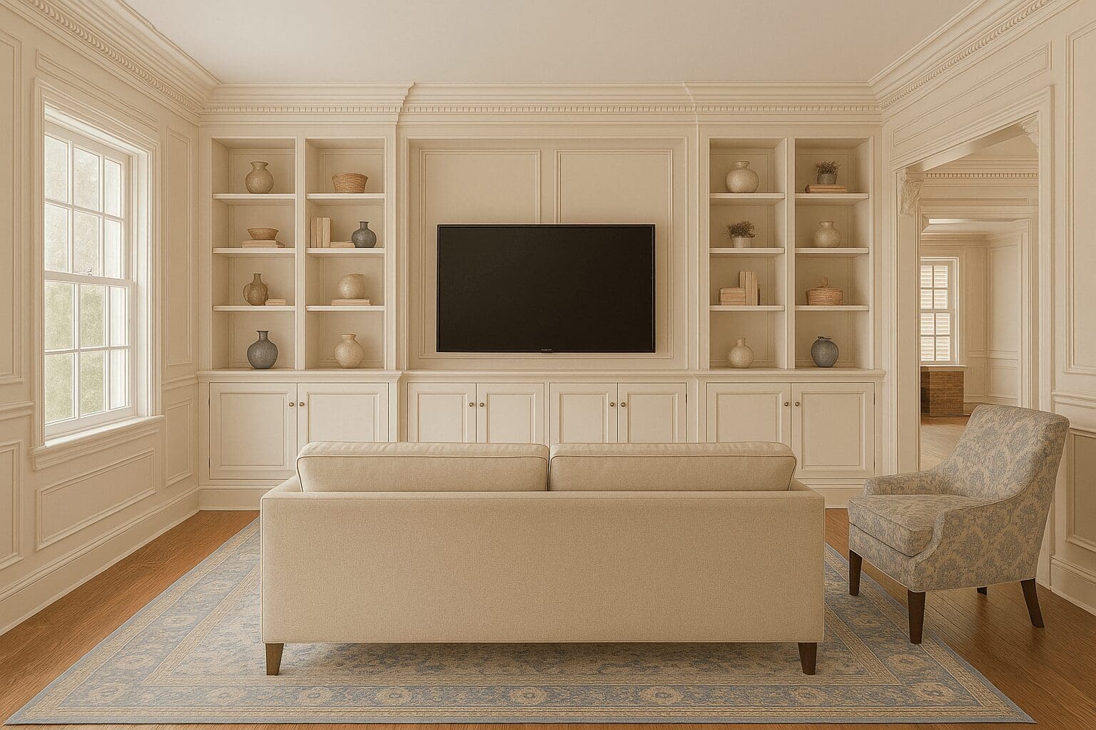 Rendering of an interior design plan from ChatGPT of a traditional living room with cream built-in cabinets, flat-screen TV, beige sofa, blue patterned rug, and an open doorway leading into a brick fireplace room.