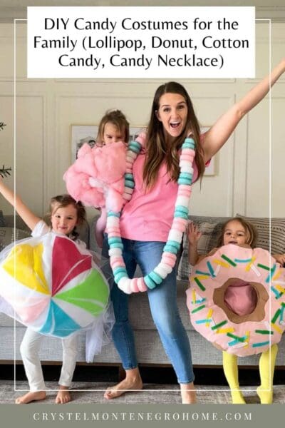 DIY candy costumes for the whole family, no-sew lollipop, donut, cotton candy and candy necklace - pin for later