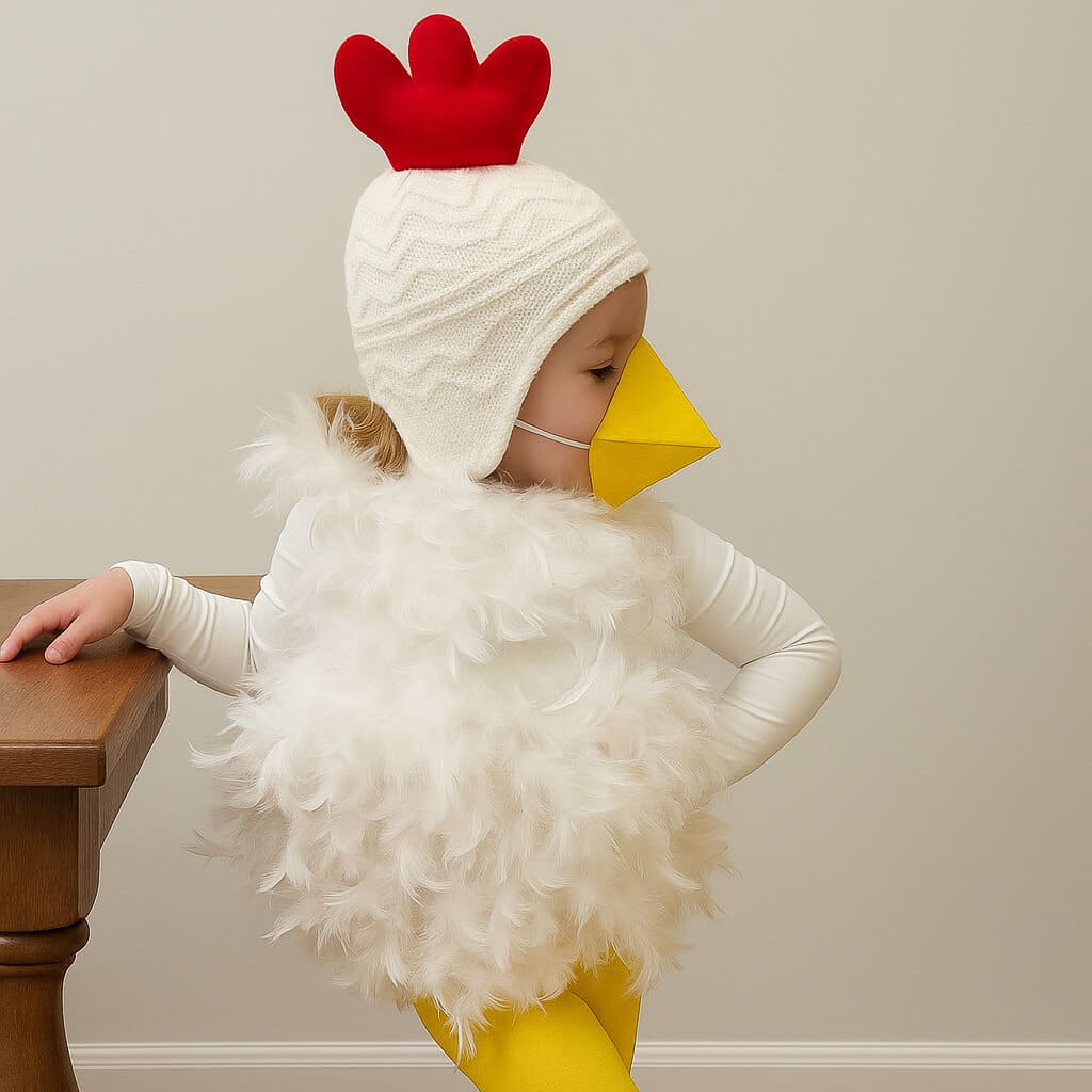 Child wearing a DIY chicken costume with a white feathered body, yellow leggings, red comb hat, and yellow beak, leaning on a wooden table.