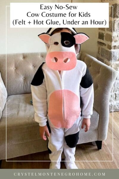 DIY cow costume for kids, easy no-sew white jumpsuit with felt spots - pin for later