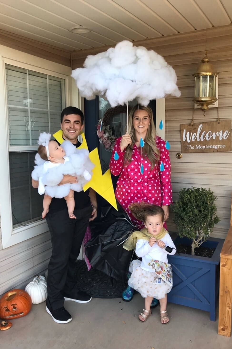 Family costume ideas with a weather theme, including lightning, rain, clouds, and wind costumes for parents and children.