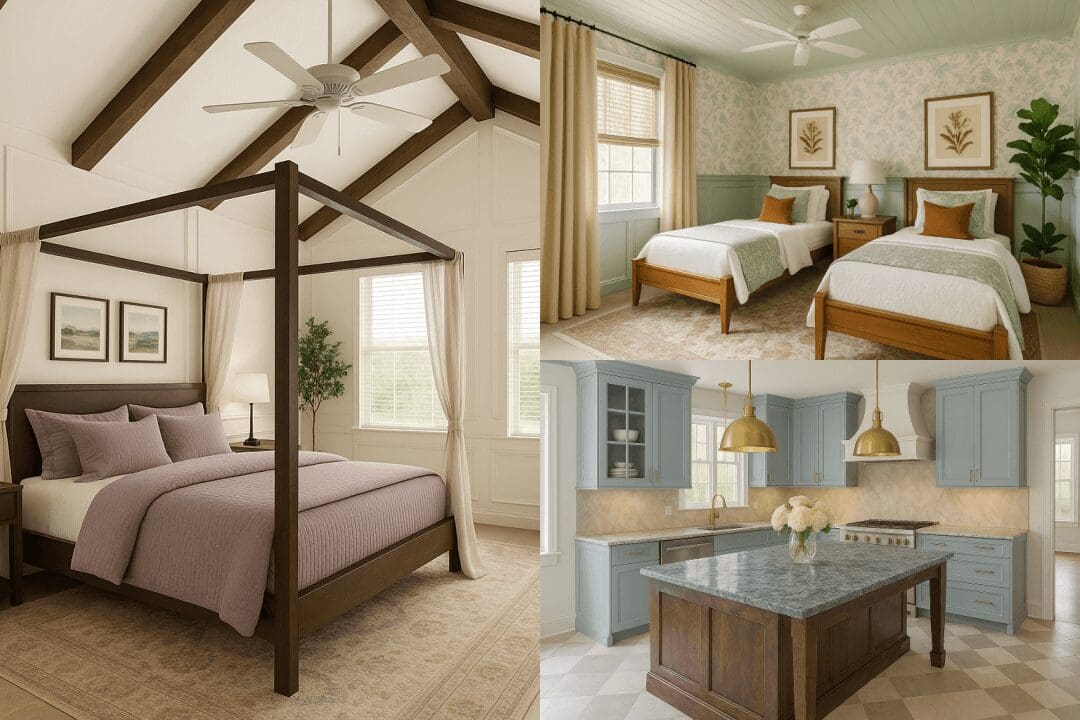 Collage of three home interior designs done using ChatGPT: a vaulted ceiling bedroom with exposed wood beams and a four-poster bed, a twin bedroom with floral wallpaper and wood beds, and a transitional kitchen with blue cabinets, marble island, and brass pendant lights.