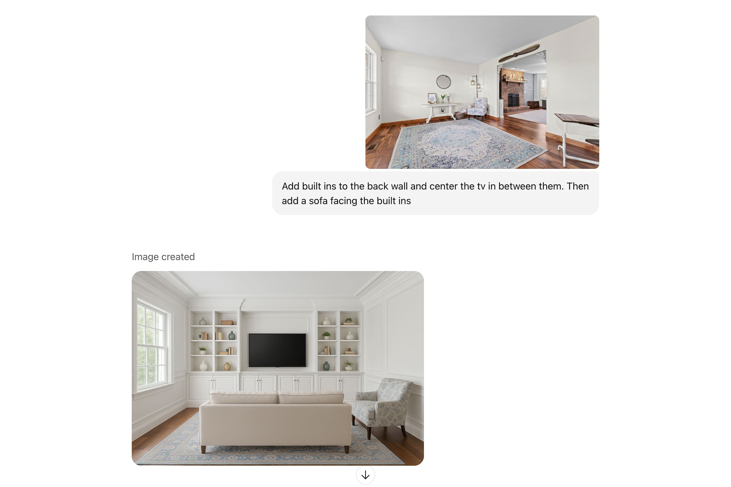 Uploading a photo of an empty living room with hardwood floors, blue patterned rug, and view into adjacent family room with a brick fireplace, and asking ChatGPT for help with interior design of the space.