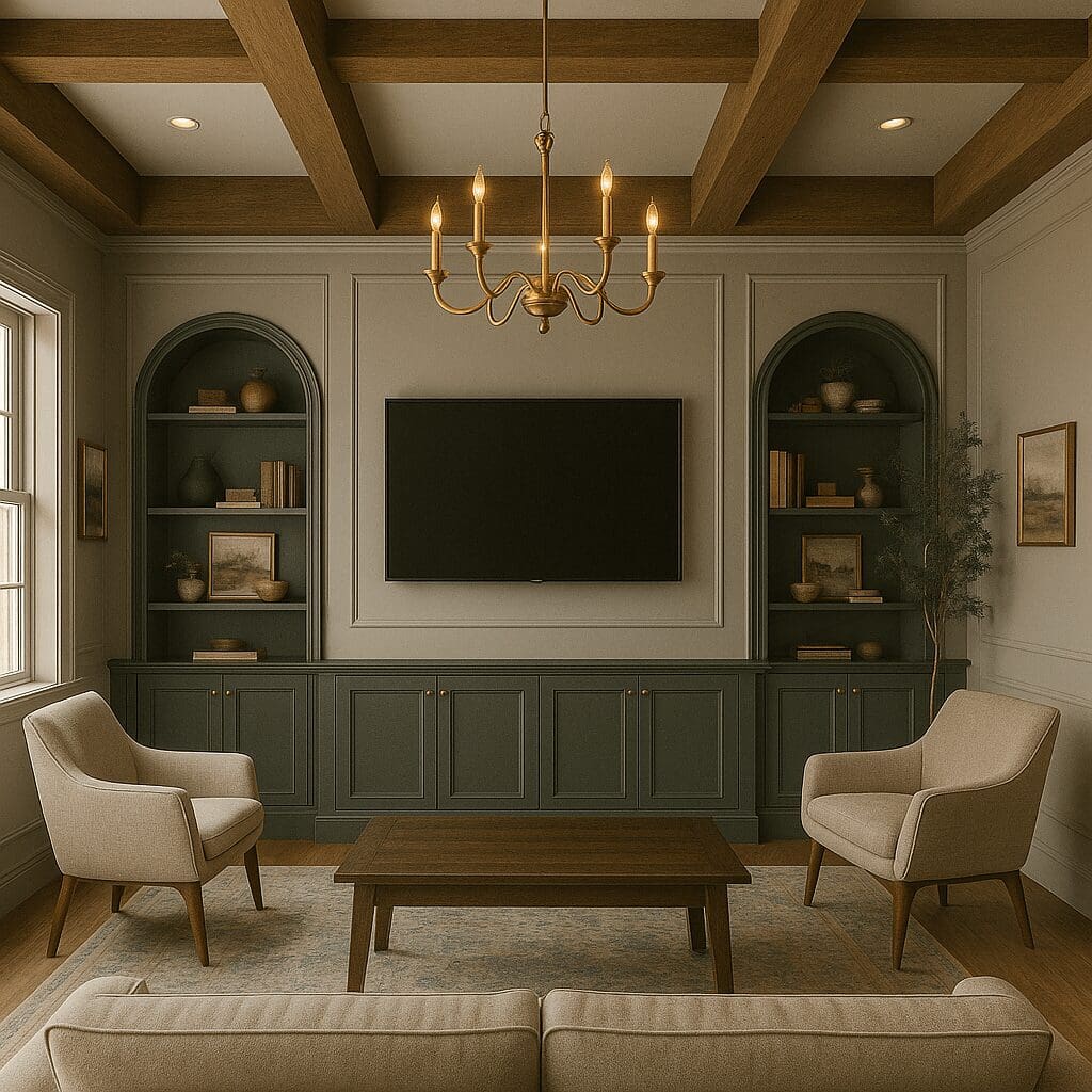 Elegant living room with dark green built-in cabinets, arched shelves, a flat-screen TV, and a gold chandelier on a coffered wood ceiling.