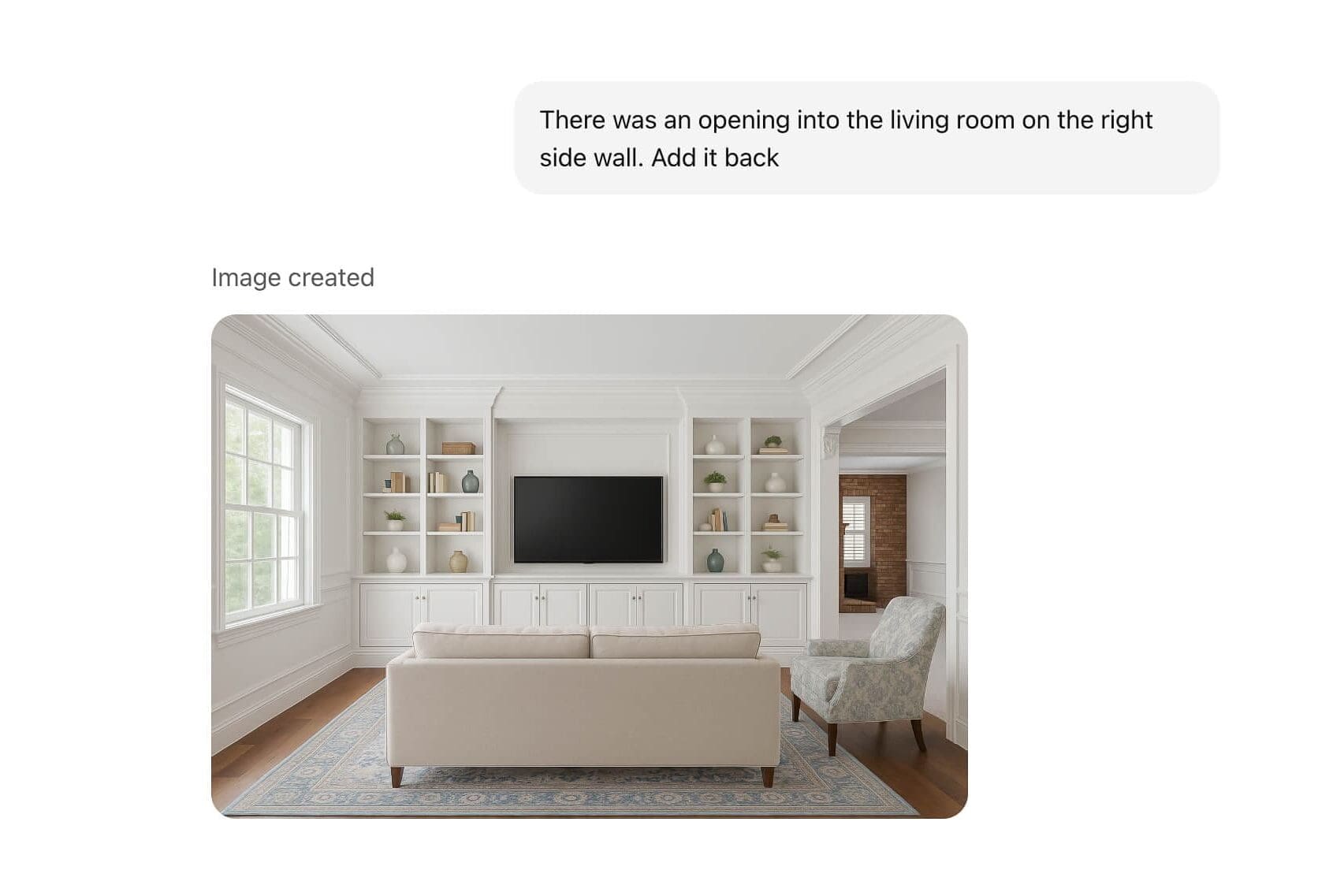 Living room with custom white built-in cabinets, centered TV, beige sofa, blue patterned rug, and open doorway leading to a brick fireplace room.