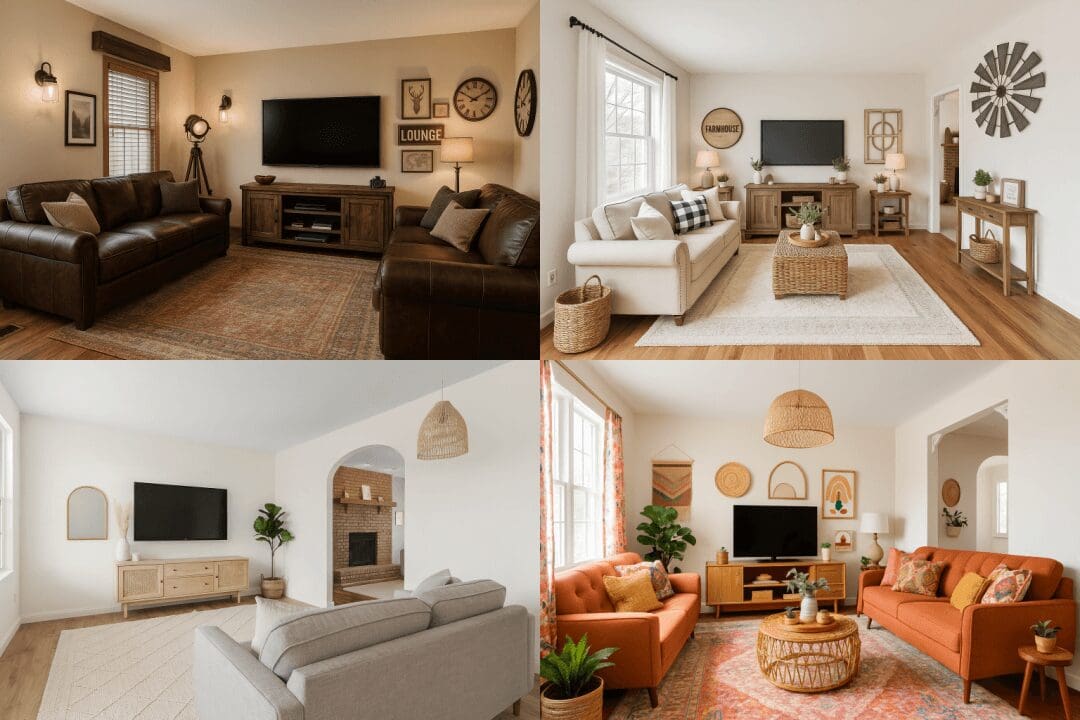 Collage of four living room makeovers, each styled differently: a rustic dark leather living room with wood tones, a bright farmhouse living room with white sofa and neutral decor, a modern minimalist living room with gray sectional and natural textures, and a colorful boho living room with orange sofas, woven baskets, and patterned rug.
