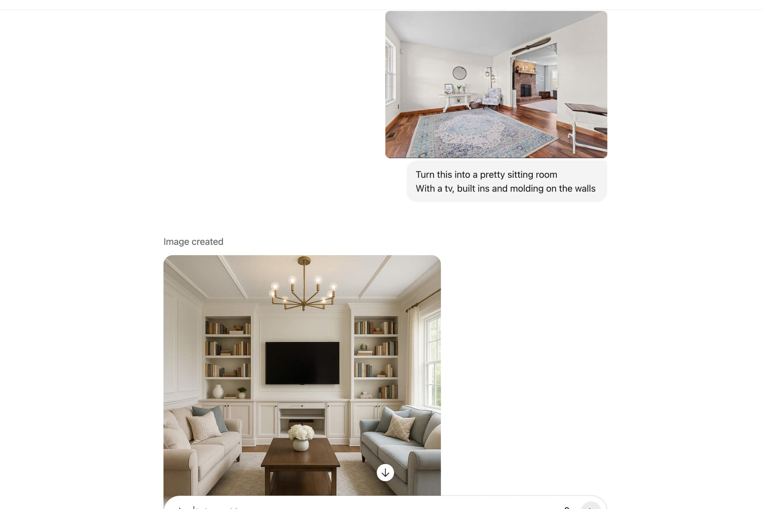 Elegant sitting room makeover with custom white built-in shelves, flat-screen TV, molding on the walls, beige and blue sofas, and a modern chandelier.